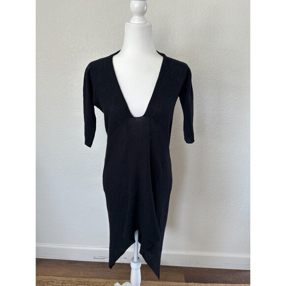 Eileen Fisher Sweater Dress S Wool Rib Knit Elbow Sleeve High-Low Tunic Black - Picture 1 of 9